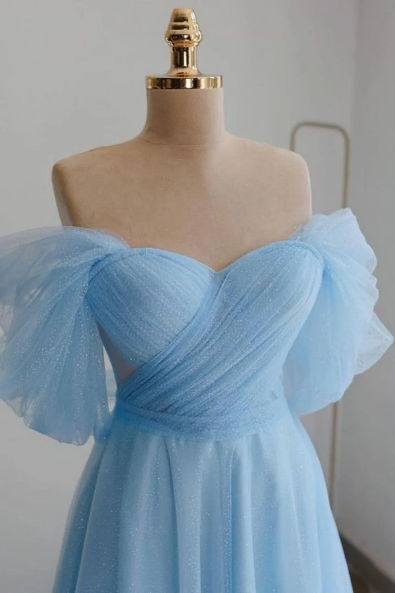 Shiny Tulle Off the Shoulder Light Blue Tea Length Prom Dress