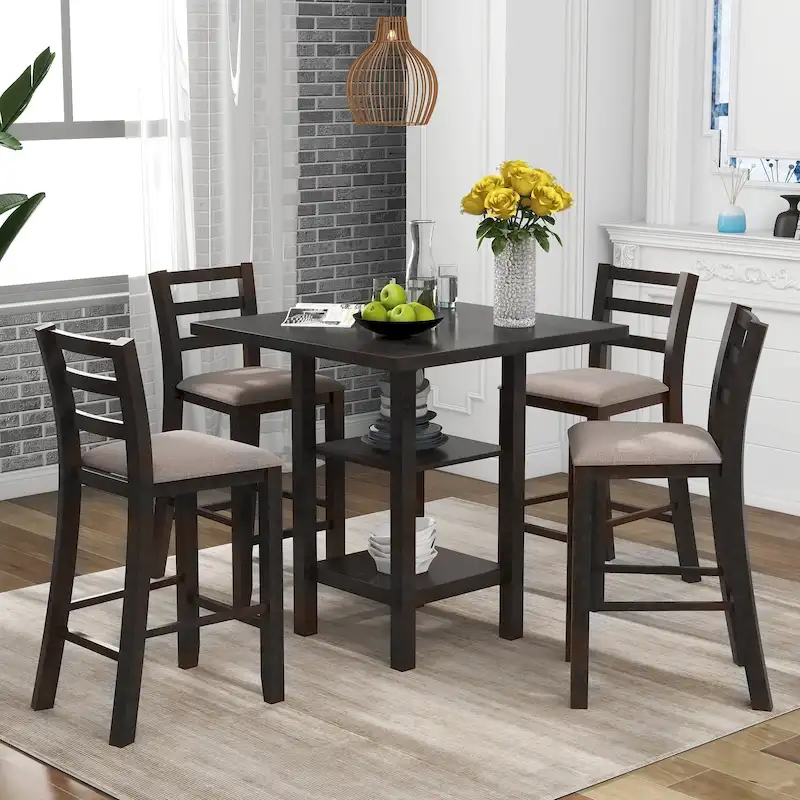 5-Piece Counter Height Wooden Dining Table Set with 4 Chairs & Storage