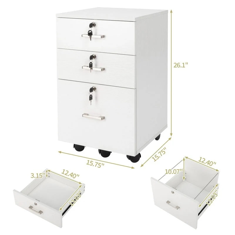 3-Drawer Rolling Wood File Cabinet with Lock