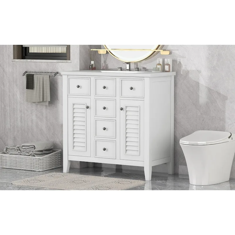 Bathroom Vanity with Ceramic Basin, Two Cabinets and Five Drawers