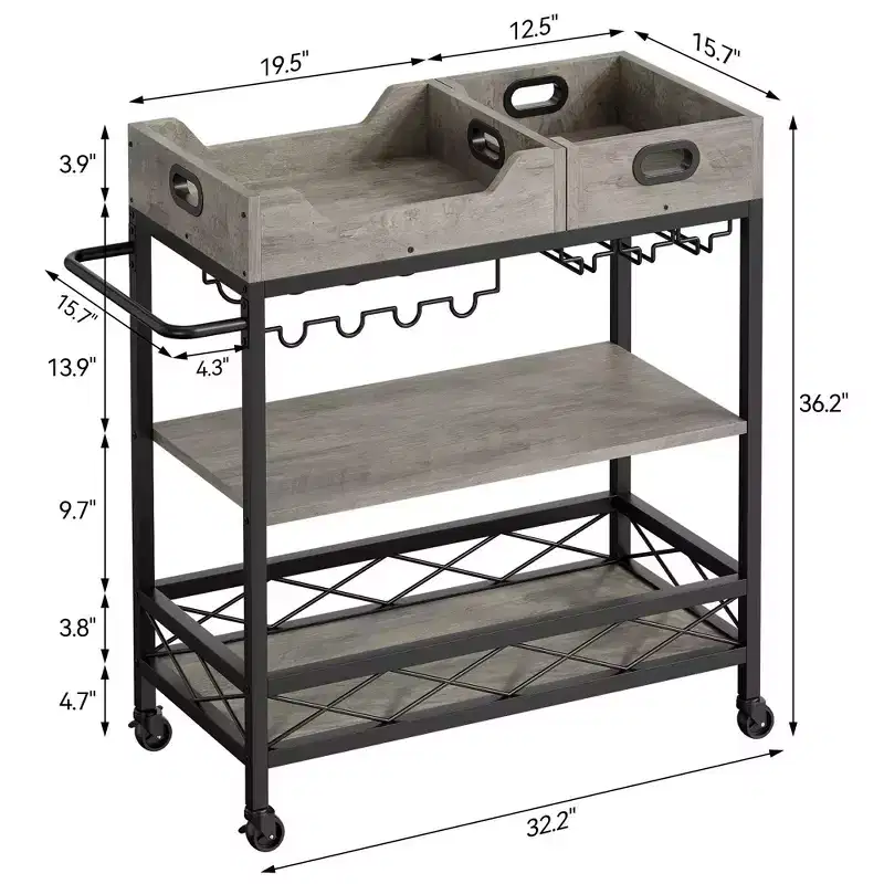 Acekool Bar Cart for Home, 3 Tier Rolling Cart with Removable Tray, Brown Gray Metal Frame, Serving Storage Shelves for Kitchen Dining