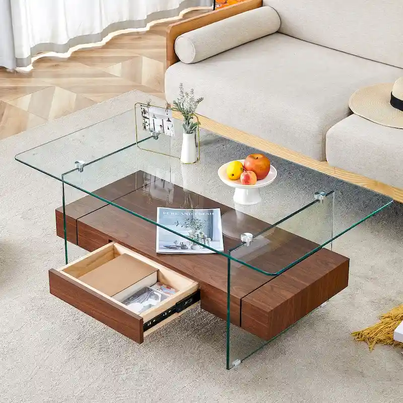 43.3 Inch Double Layer Coffee Table Storage Side Table with Open Storage Shelves, Drawers Glass Center Table End Table