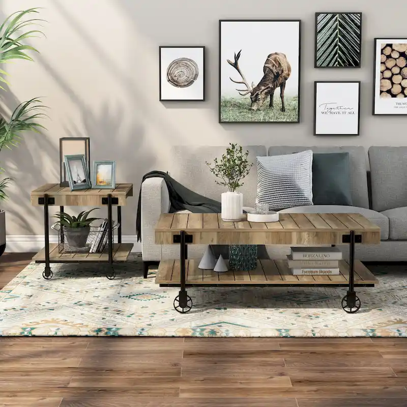 Black Farmhouse Steel 2-Piece Coffee Table Set with Wheels