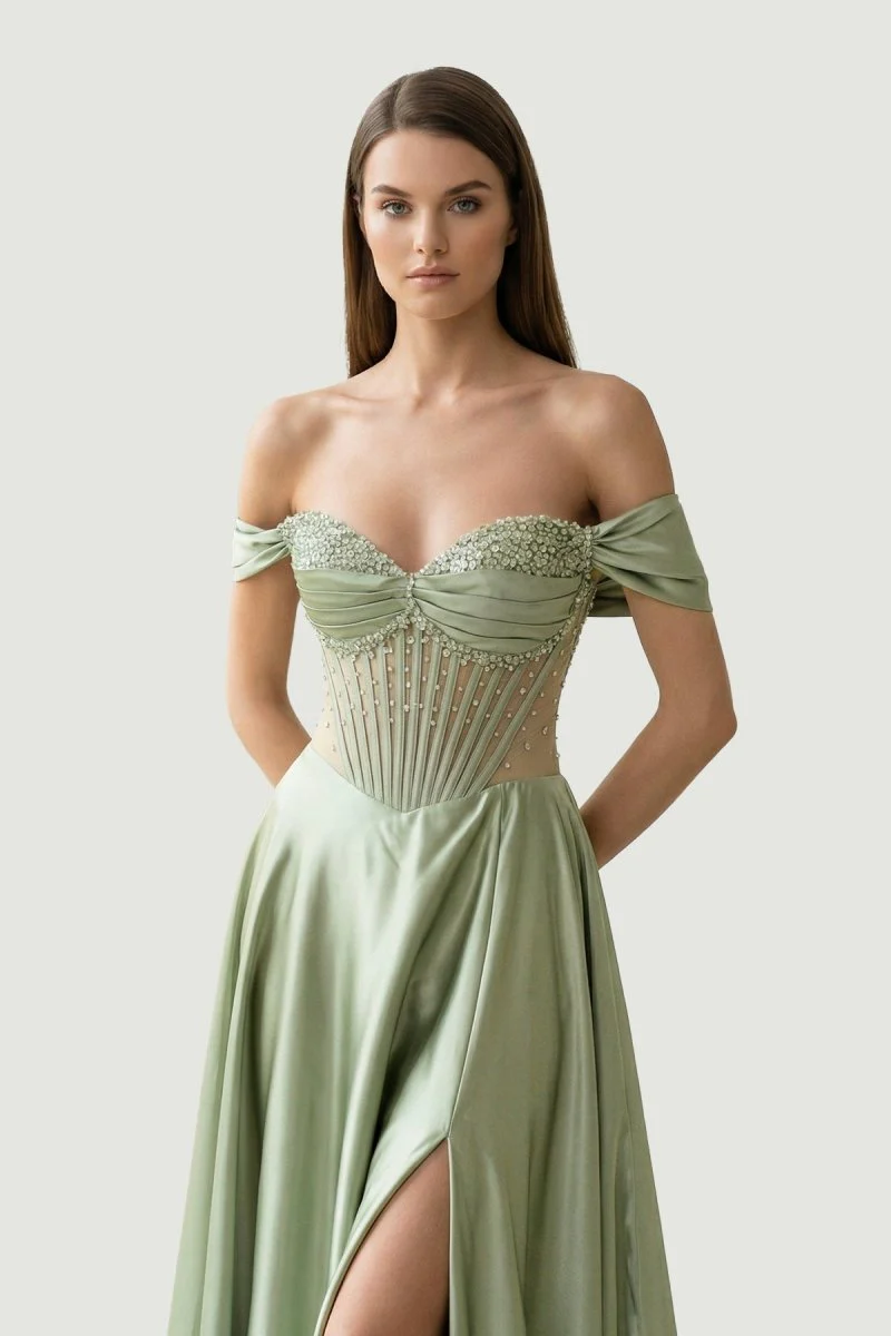 Sage Off The Shoulder A Line Satin Beaded Prom Dresses With Slit