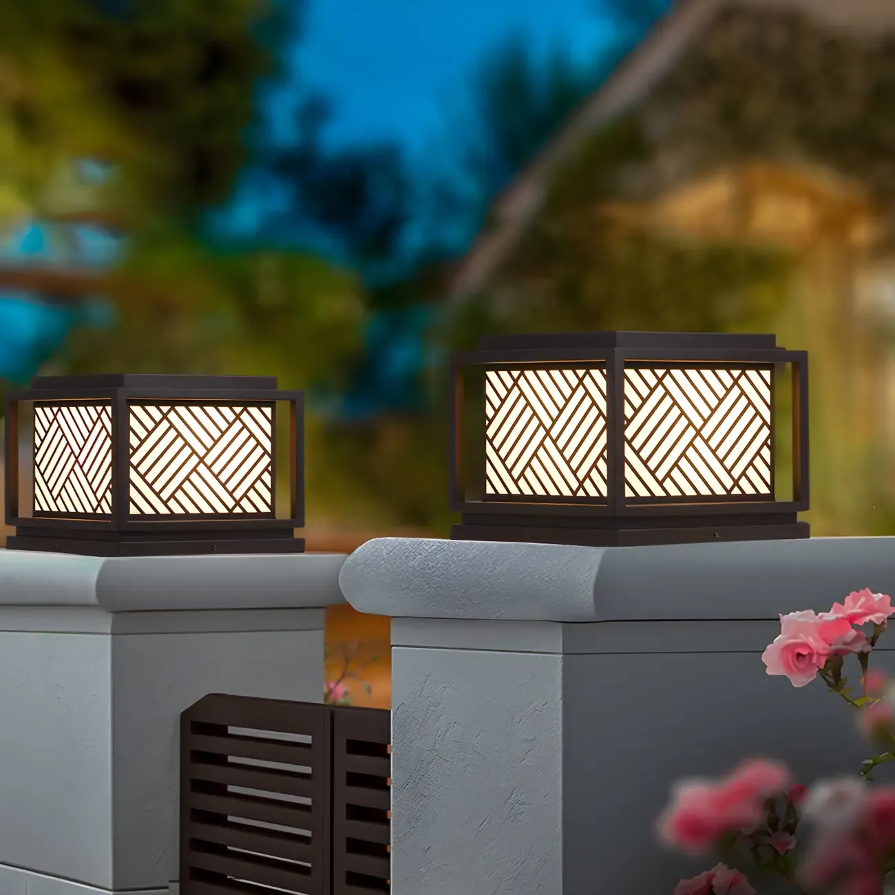 Cubic Metal Post Cap Light with Geometric Pattern Shade