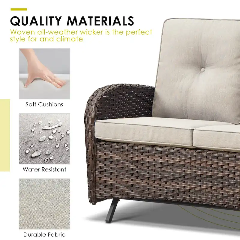 Patio Glider Rocking Sofa with Swivel Chair and Ottoman - Brown