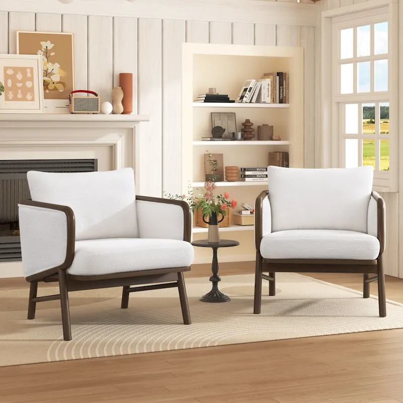 Sherpa Fabric Accent Chair Set of 2, Upholstered Armchair with Solid Wood Frame