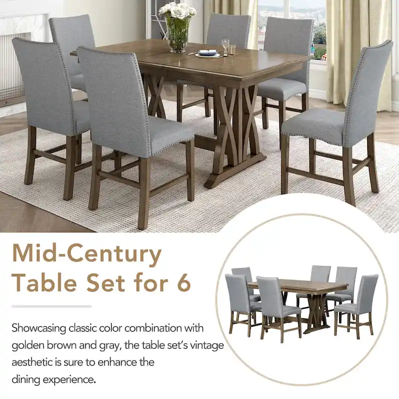 7-Piece Extendable Dining Table Set with Chairs and 12 Leaf