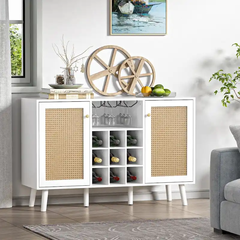 White & Rattan 2-Door Buffet Sideboard with Wine Rack & Glass Holder