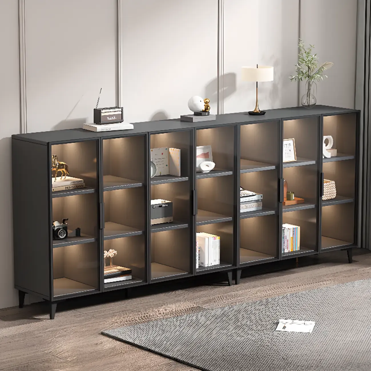 Rectangular Black Wood Glass Door Cabinet Bookcase