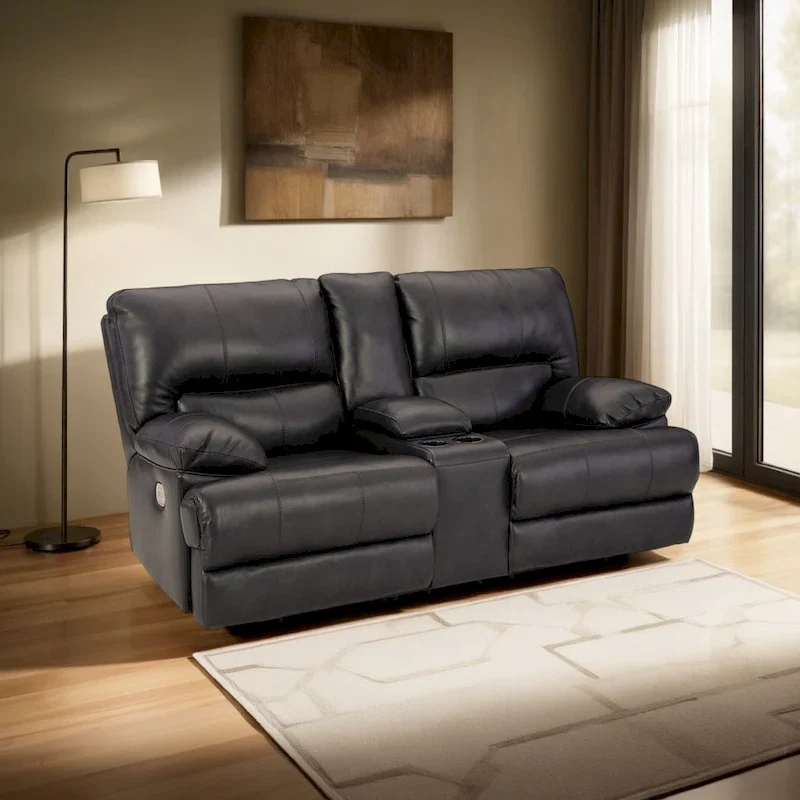 Power Recliner Loveseat, Black Leather, Cupholders, 82 Inch