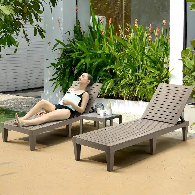 Erommy Chaise Lounges, All-Weather Patio Loungers with 5-Position Adjustable Backrest & Wood Texture Design, Reclining Chair