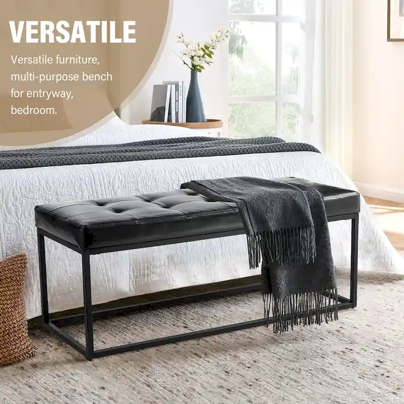 45W Modern Black Tufted Upholstered Bench with Metal Frame Legs - 45W x 19H x 17.5D