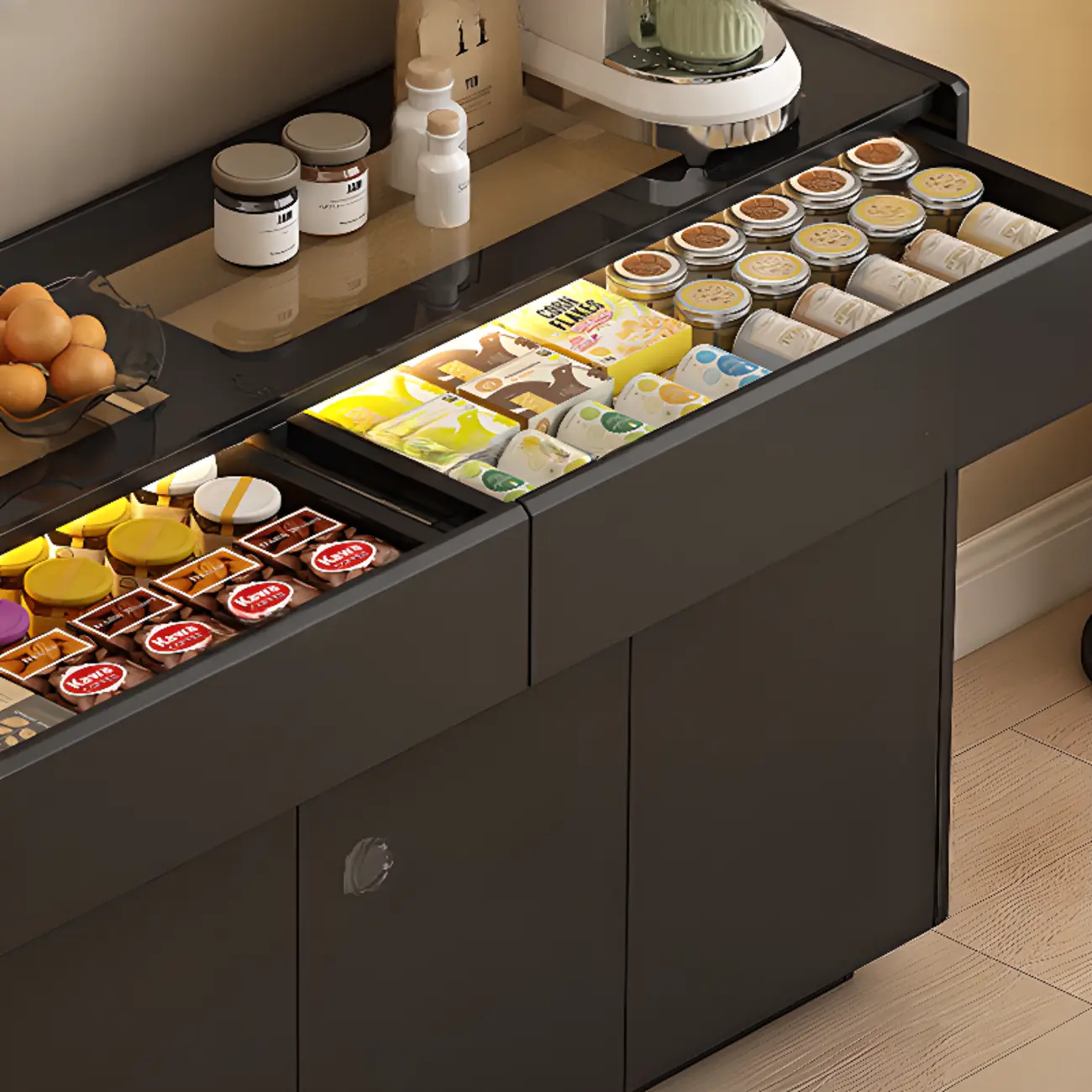 LED Light Wooden Glass Black Sideboard with Drawers Shelves