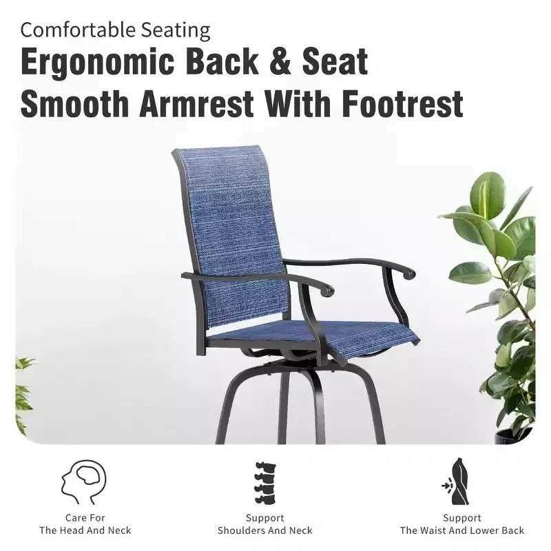 Captiva Designs 2pc Outdoor Breathable Sling Bar Stools with Waved Armrests & Reinforced Base