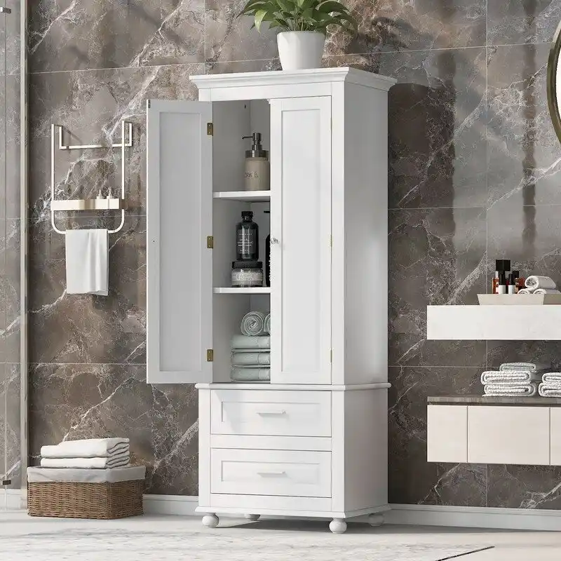 Tall Bathroom Storage Cabinet with Two Drawers and Two Doors