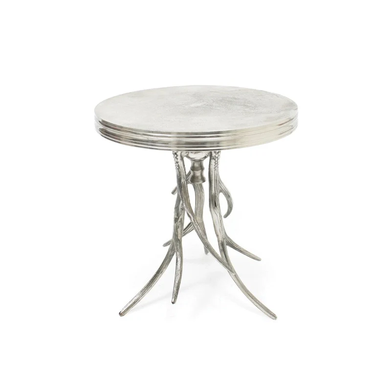 Silver Polished Aluminum Antler Base Round Accent Side Table