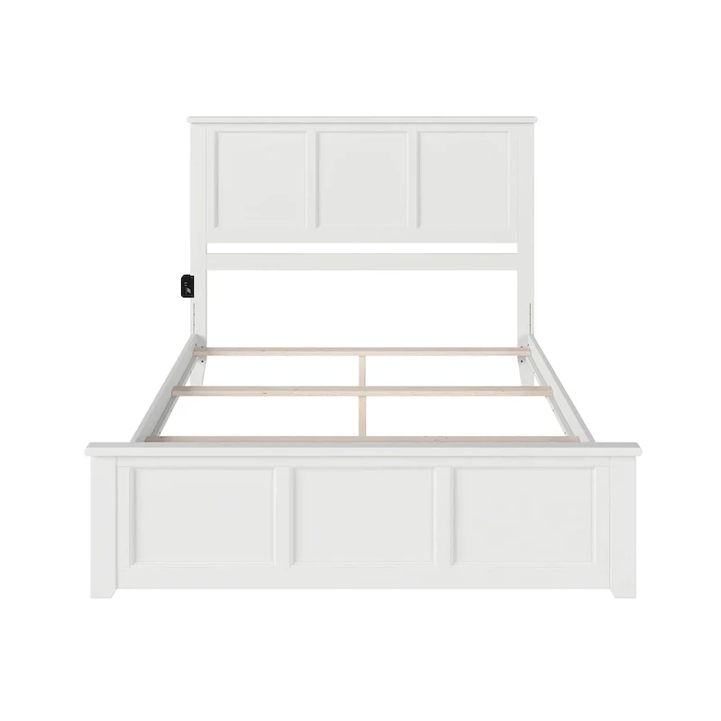 Solid Wood Foundation Bed Frame with Matching Footboard & USB Charging – White, Queen, Sleeps 2