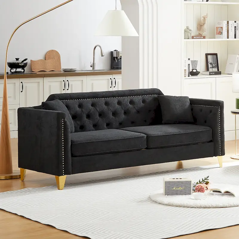 Black / Grey / Beige Chenille 3-Seat Mid-Century Sofa