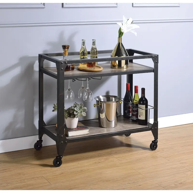 2 Tier Metal Serving Cart with Wooden Shelves and Bottle Holders, Black - 30.5 H x 16 W x 31.5 L Inches