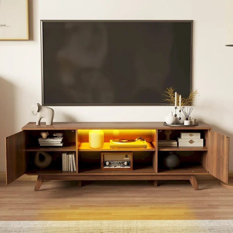 Walnut Mid-Century TV Stand with RGB LED Lights & Slatted Doors - For TVs up to 65