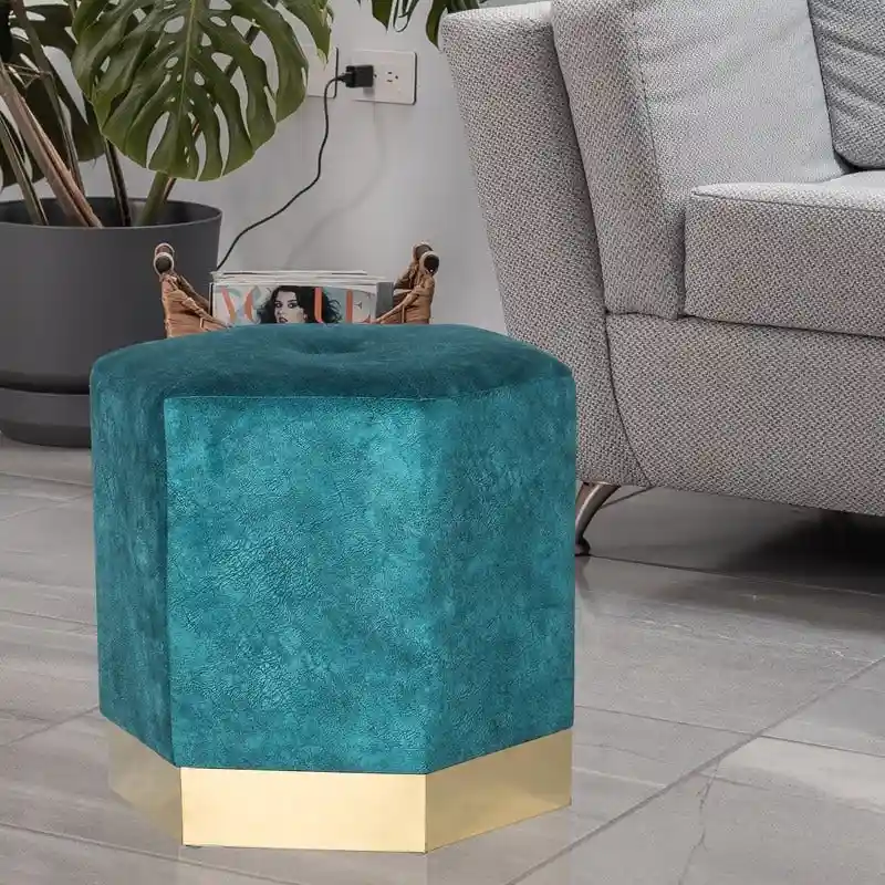 Blue Hexagon Ottoman Stool, Suede, Single Seat