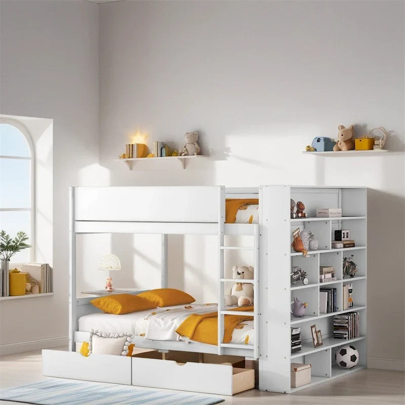 Gray / White Full Over Full Wood Bunk Bed with Drawers & Cabinet, Sleeps 2