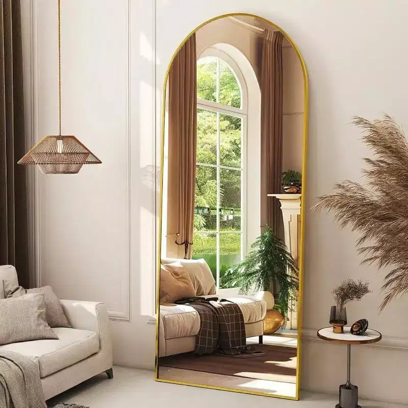 56 Inch Arched Full Length Mirror with Aluminum Alloy Frame Gold Standing Wall Mounted Floor Mirror Large Dressing Mirror