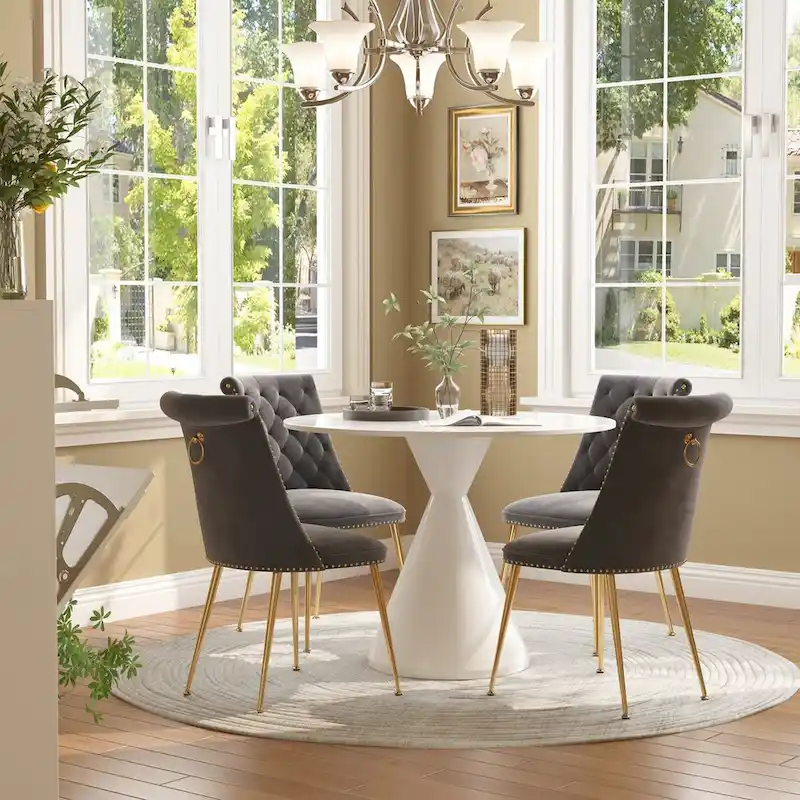 48  Light Luxury White High Gloss Large Countertop Dining Table with Velvet Dining Chair Set