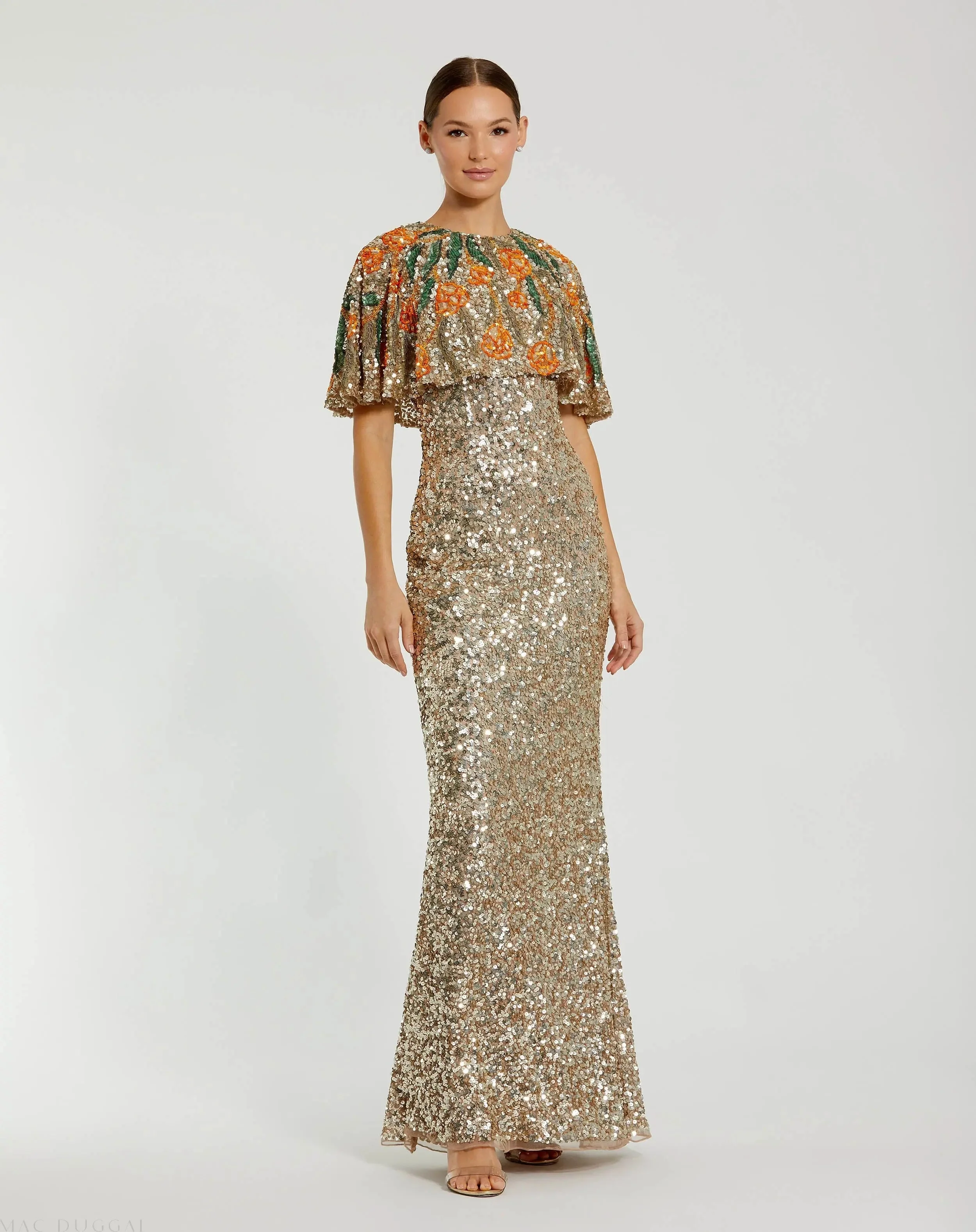 Gold Embellished Gown With Floral Beaded Shawl