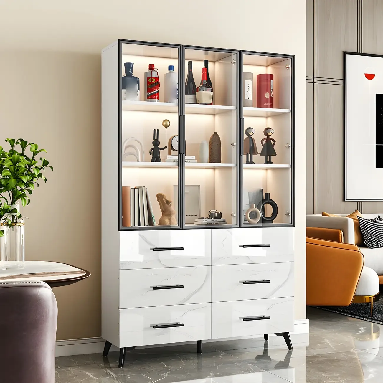 Modern Gold White Marble-Textured Wood Glass Versatile Cabinet