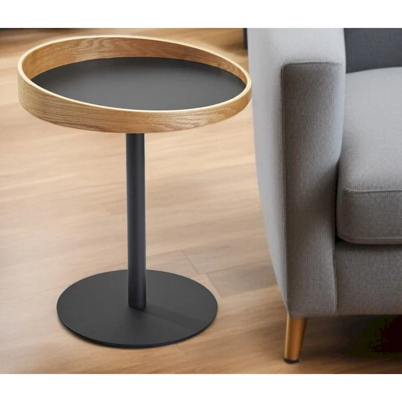22 Black And Natural Wood And Metal Round Pedestal End Table - 18