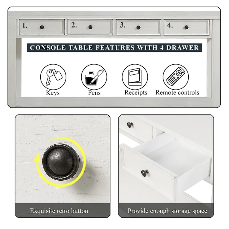 63 Pine Wood Console Table with 4 Drawers and 1 Bottom Shelf