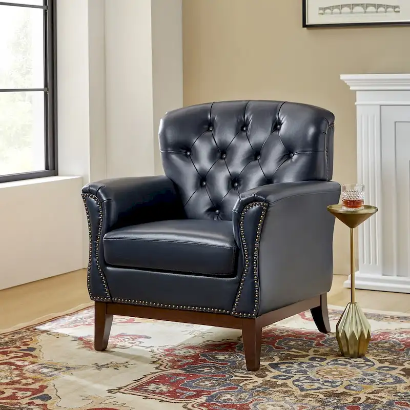 Genuine Leather Tufted Wingback Accent Chair with Nailhead Trim