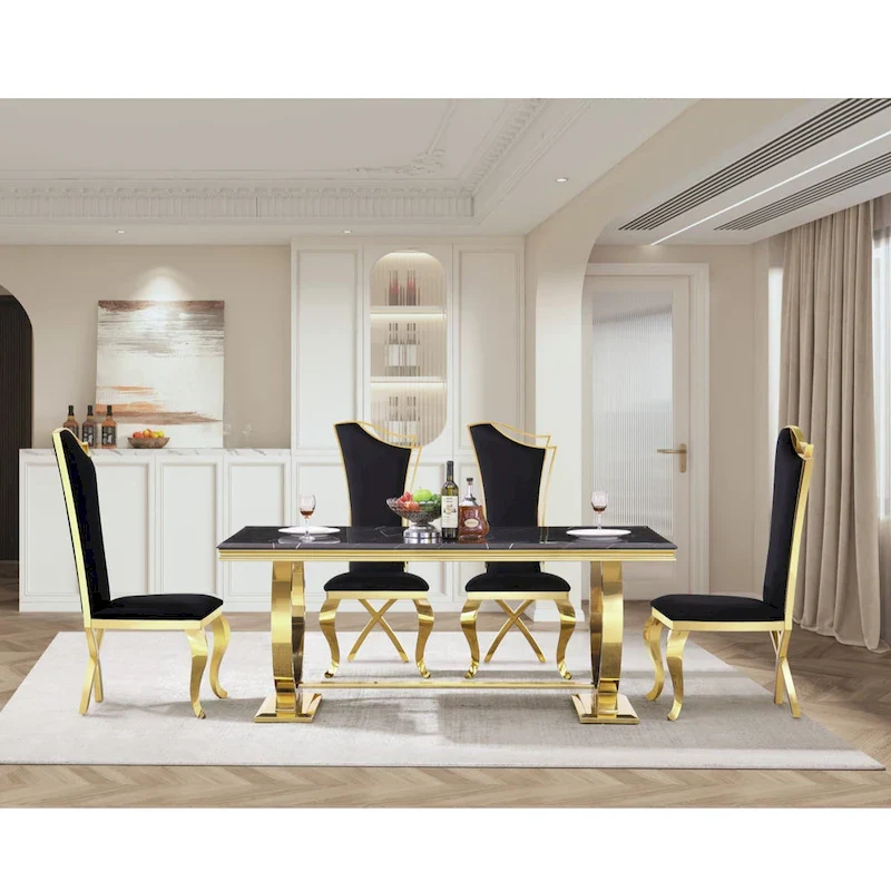 Dining Table with Circular Pedestal Base - Marble Texture Top, Seats 4-8 (Black/Grey/White)