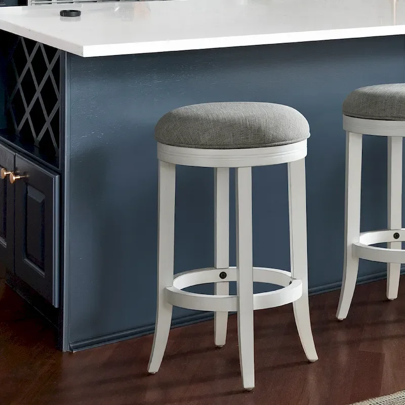 New Ridge Home Goods Avery White Wood Backless Swivel Bar Stool, Gray Fabric Seat