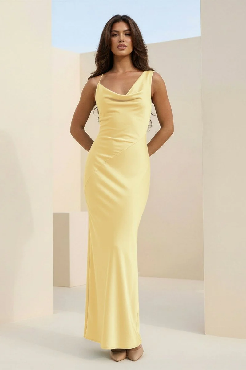 Red Cowl Neck Sleeveless Sheath Satin Backless Long Prom Dresses