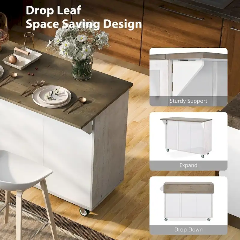 Retro MDF Kitchen Island on Wheels with Drop Leaf and Towel Rack