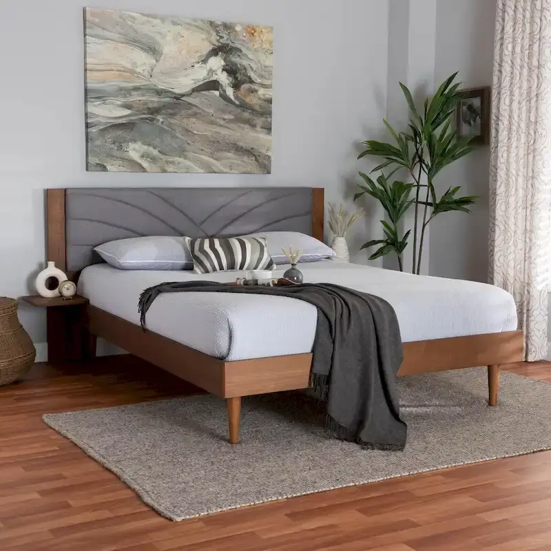 Grey Fabric Queen Platform Bed with Walnut Brown Wood Frame