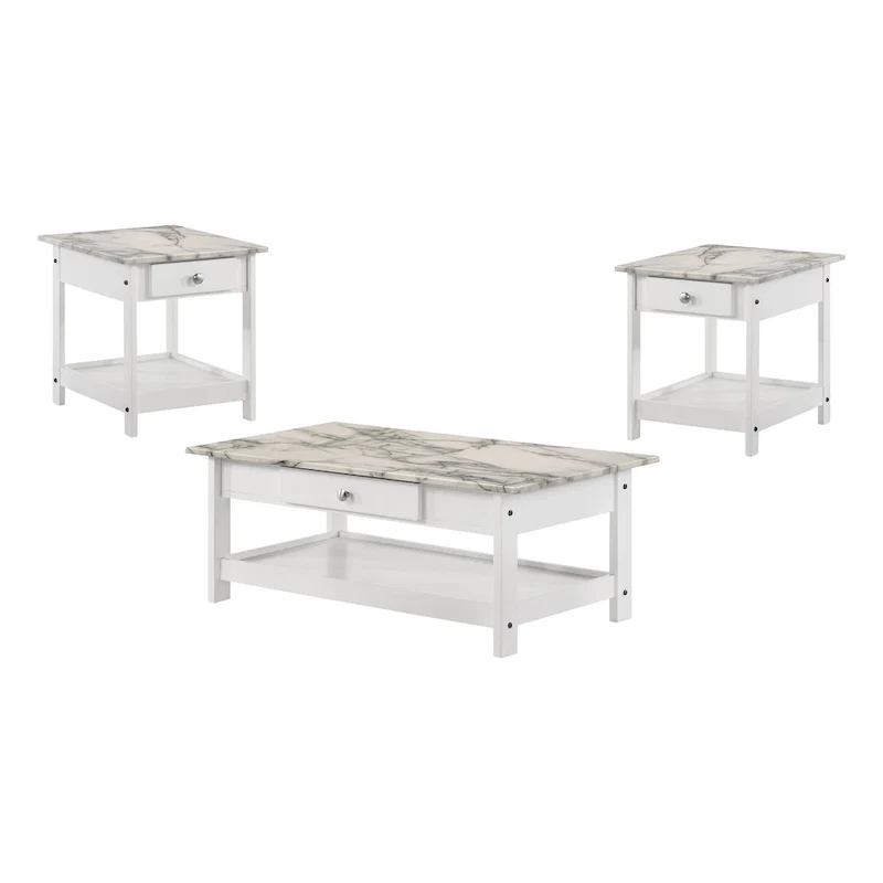 Transitional Rubberwood 3-Piece Coffee Table and End Table Set with Drawer