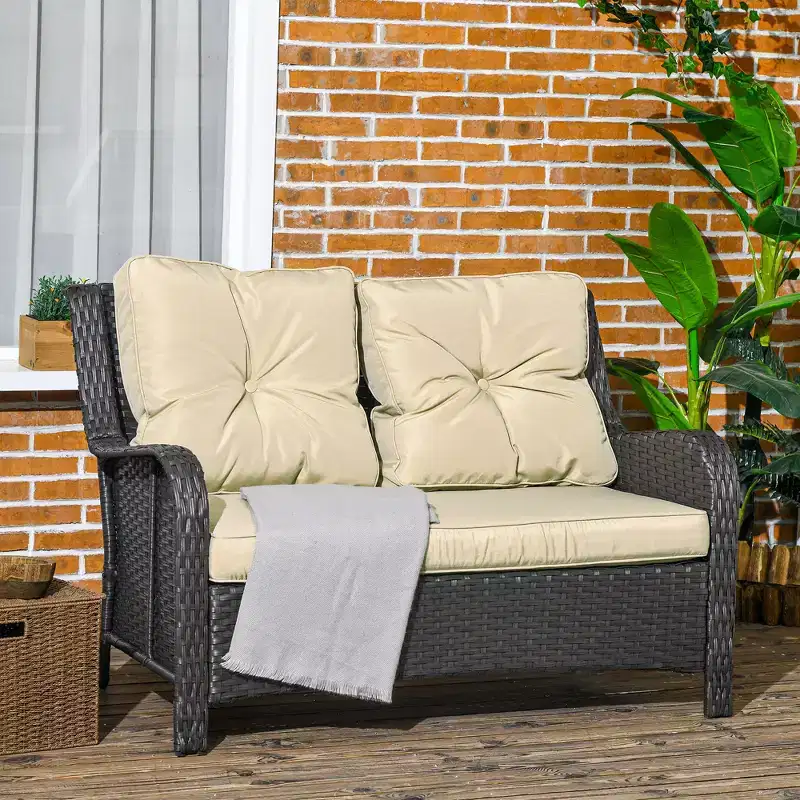 Outsunny Thick Cushioned 3-Seater Outdoor Sofa, Curved Armrests Outdoor Couch