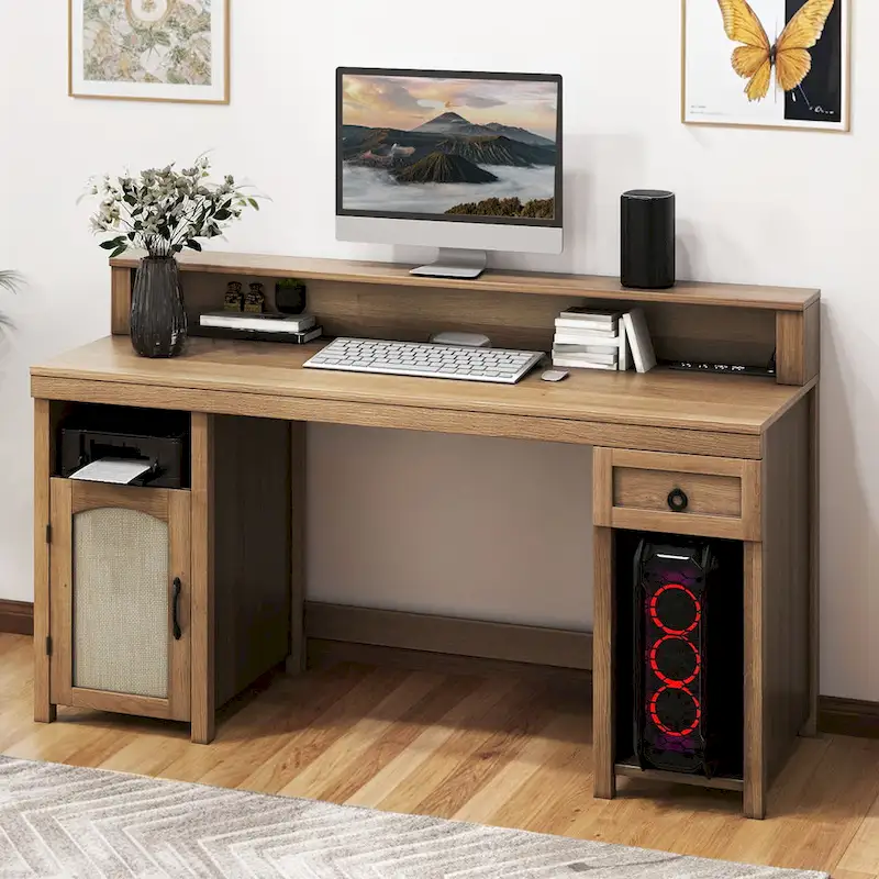 Farmhouse Wood Office Desk with Drawer, Cabinet, Monitor Stand and Built-in Power Outlets