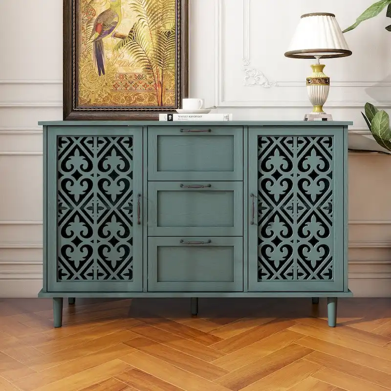 Dark Green / Blue 2-Door 3-Drawer Storage Cabinet with Carved Panel & Metal Handles – 1-Piece