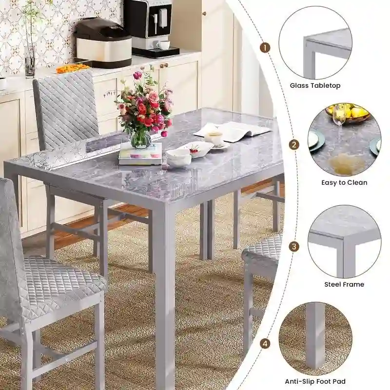 Modern Dining Room Table with Tempered Glass Tabletop and Diamond Stitching PU Leather Chairs