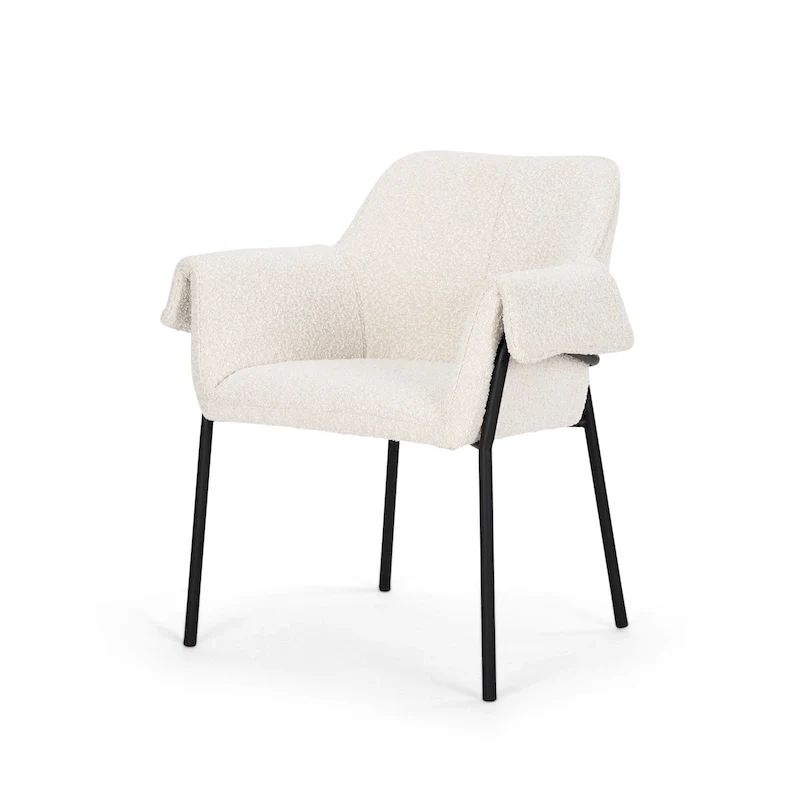 Cream / Oatmeal / Grey Boucle Upholstered Dining Armchair with Rolled Arms and Matte Black Metal Frame – 1-Person