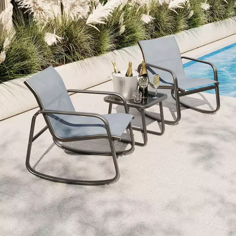 GustoWave 3-Piece Patio Bistro Set With Rocking Chairs, Textilene Mesh And Metal Frame