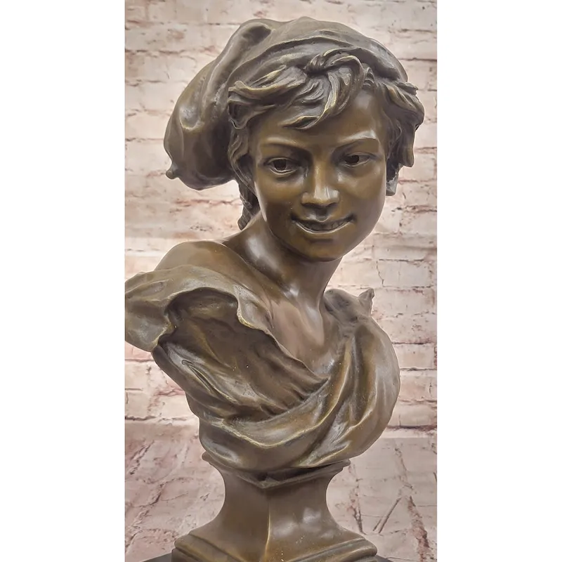Charming Smiling Boy Bronze Bust Sculpture With Marble Base By Dalou