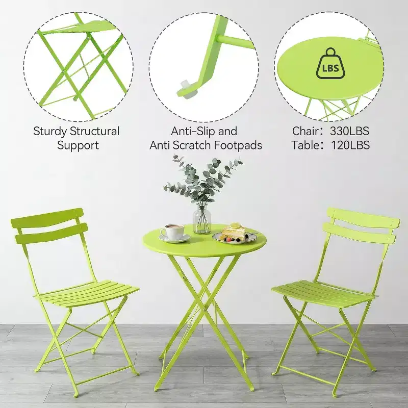 GustoWave 3-Piece Foldable Metal Bistro Set With Round Table, 2 Chairs
