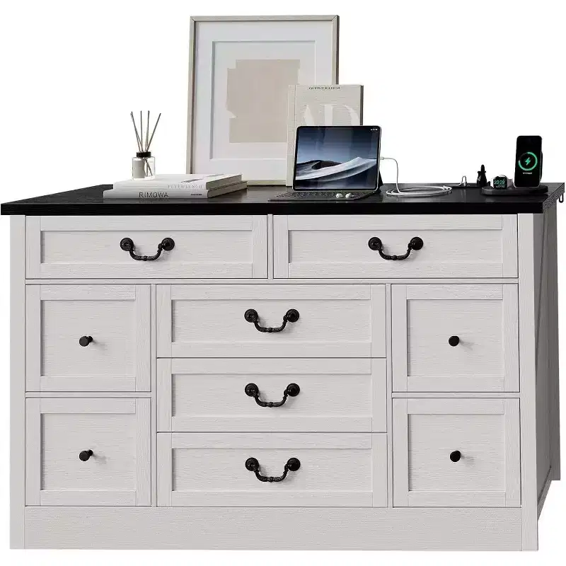 9 Drawer Dresser with Charging Stand, Vintage TV Stand, Solid Wood Chest of Drawers with Metal Knobs, Living Room, Hallway, Bedroom