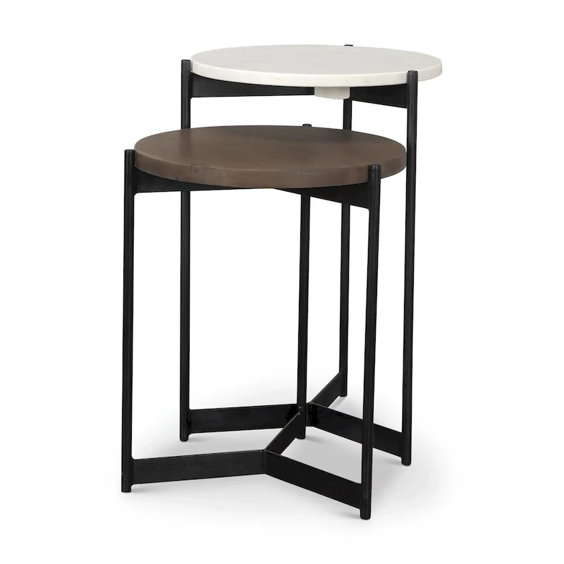 Marble & Dark Brown Wood Tabletop Nesting End/Side Tables